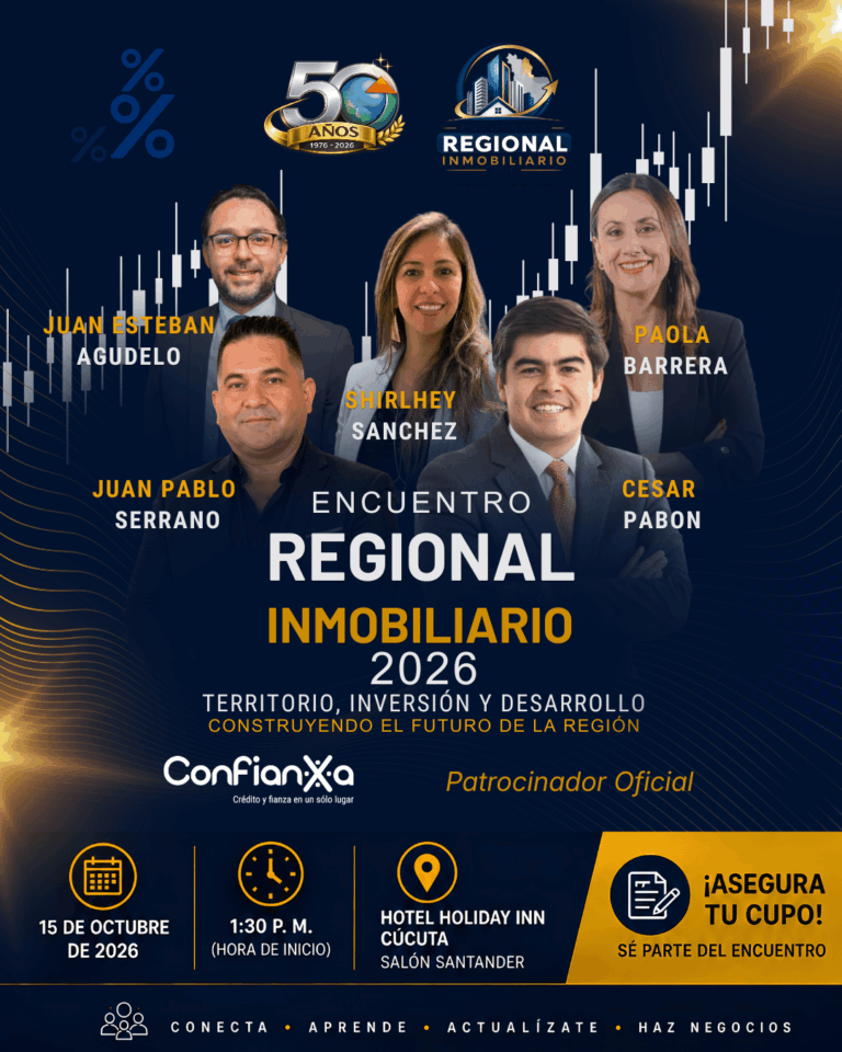 Flyer oficial del Encuentro Regional Inmobiliario 2026 en Cúcuta, con los expositores Juan Esteban Agudelo, Shirlhey Sanchez, Paola Barrera, Juan Pablo Serrano y Cesar Pabon. Incluye fecha (15 de octubre de 2026), hora (1:30 PM) y lugar (Hotel Holiday Inn)."
